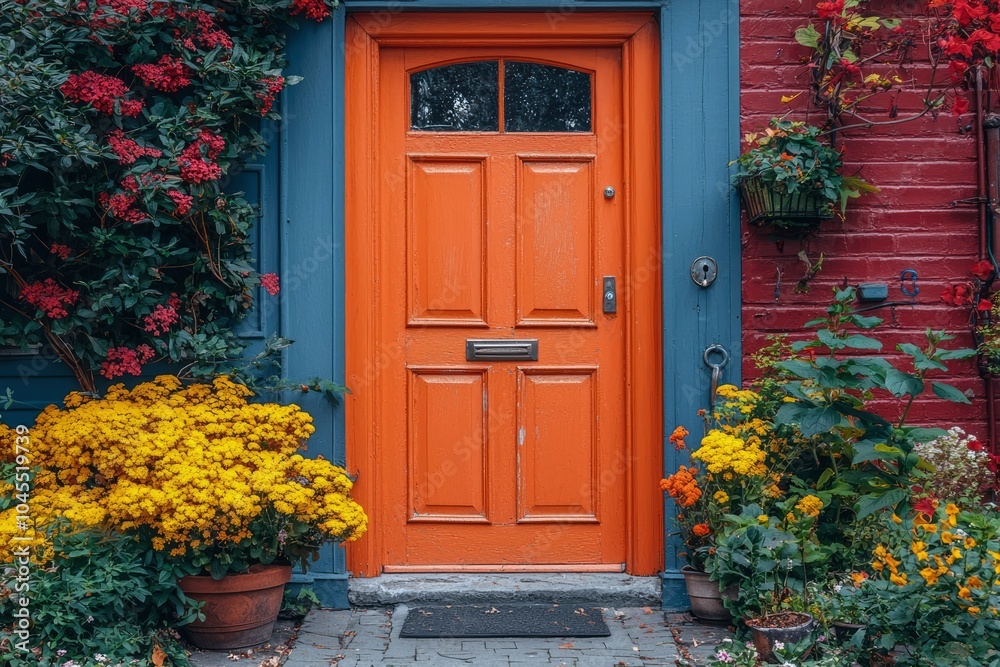 Orange Doorway with Red and Yellow Flowers Orange Doorway with Red and Yellow Flowers