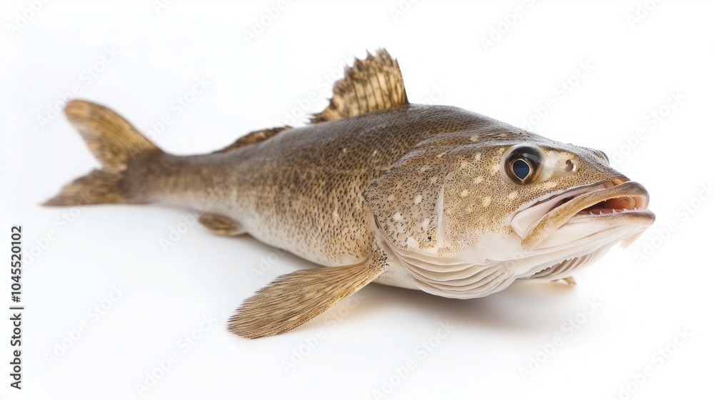 Atlantic cod scientifically known as Gadus morhua displays its characteristic features vividly against a white background emphasizing its physical details and distinct appearance.