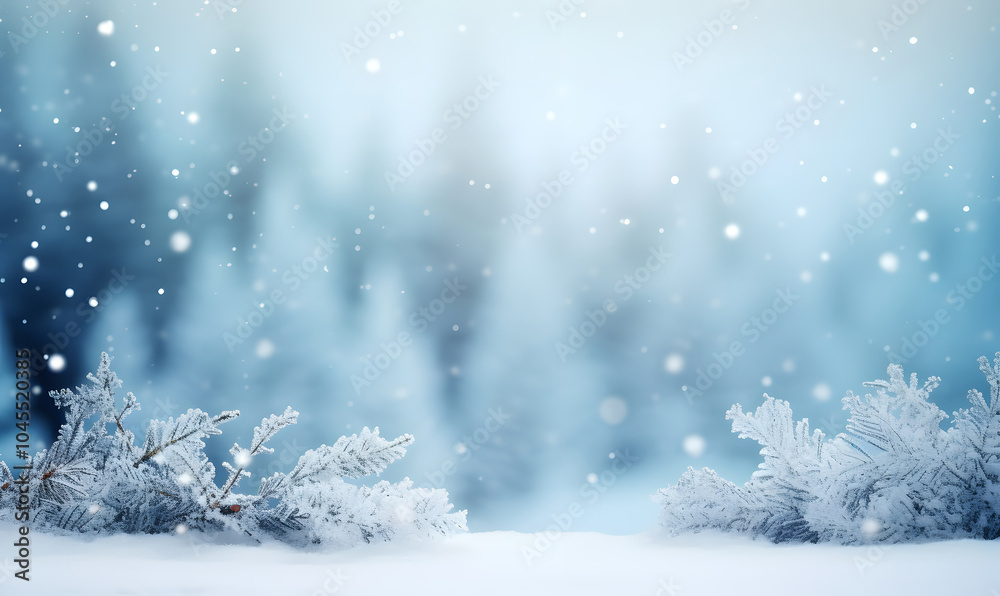 Detailed illustration of a winter Christmas frame on a nature background with snowy fir branches, driftwood, blurred forest, falling snow and enough copy space. Detailed illustration of a winter Christmas frame on a nature background with snowy fir branches, driftwood, blurred forest, falling snow and enough copy space.