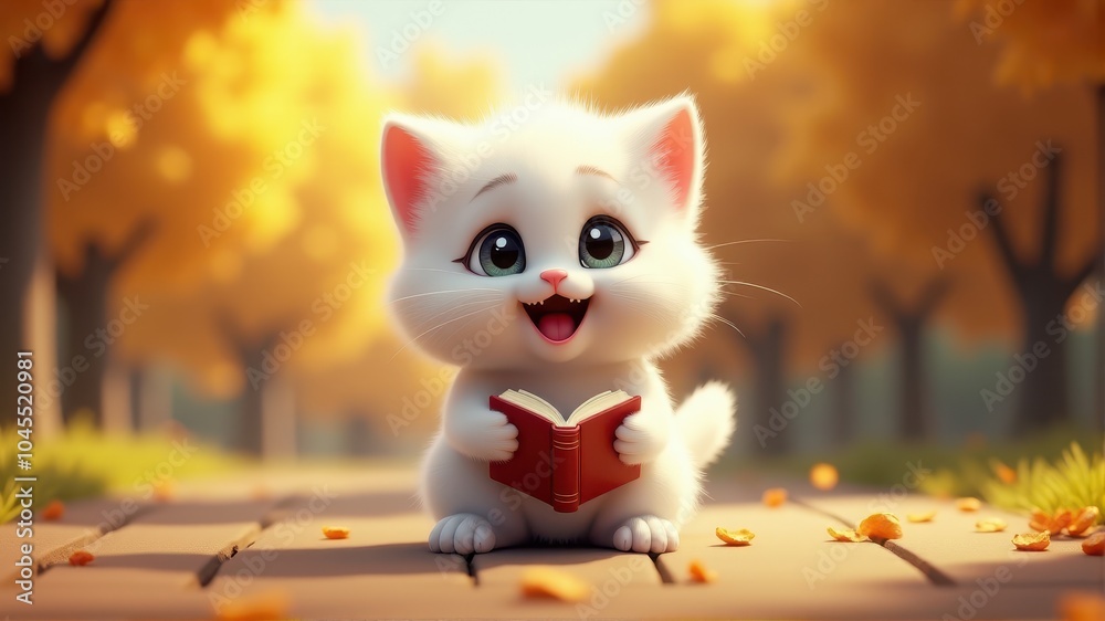 Adorable fluffy white kitten reading a book sits on a sunny autumn path surrounded by golden leaves, exuding cuteness and joy. Adorable fluffy white kitten reading a book sits on a sunny autumn path surrounded by golden leaves, exuding cuteness and joy.