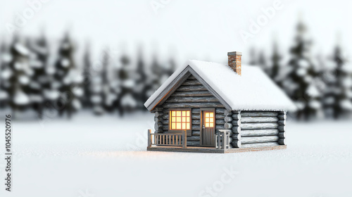 Winter shelter, cozy cabin in snowstorm, glowing windows, 3D illustration