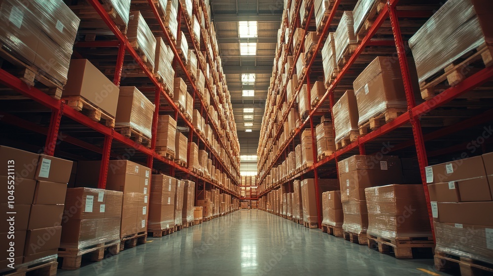 Fototapeta premium A long aisle in a warehouse with shelves full of cardboard boxes.