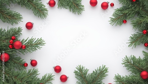 3D Christmas Branches Border with Christmas Decorations colorful elements and white spaces