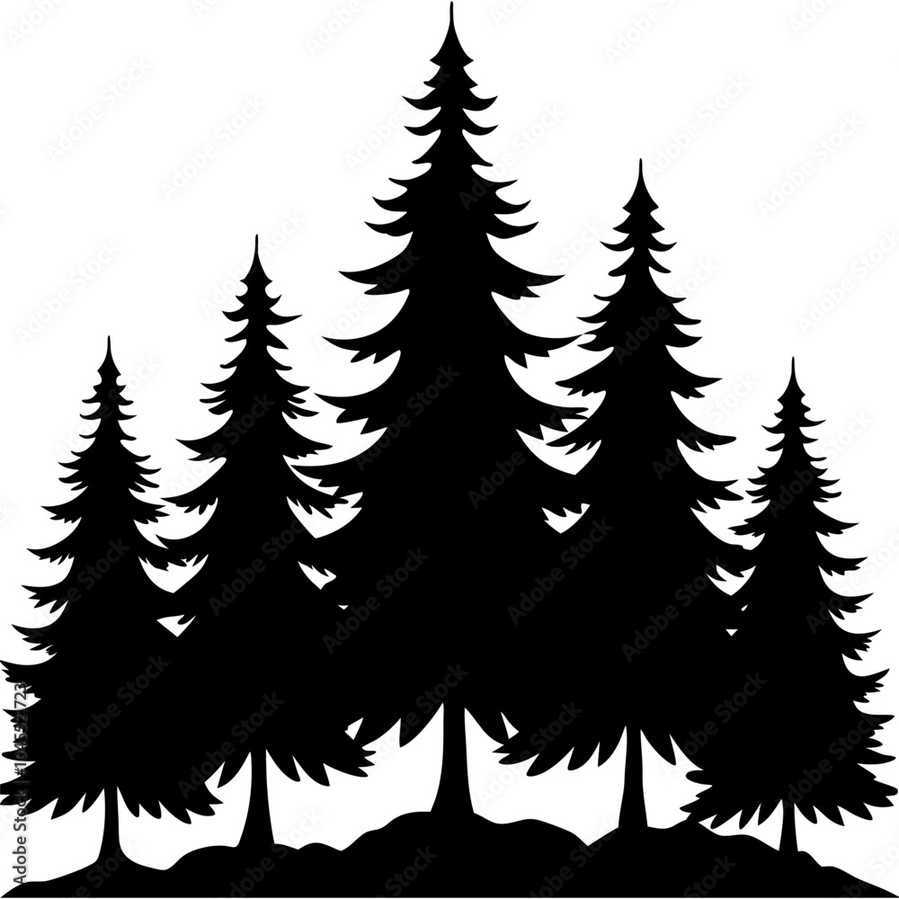 Five pine trees silhouette forming a forest Five pine trees silhouette forming a forest