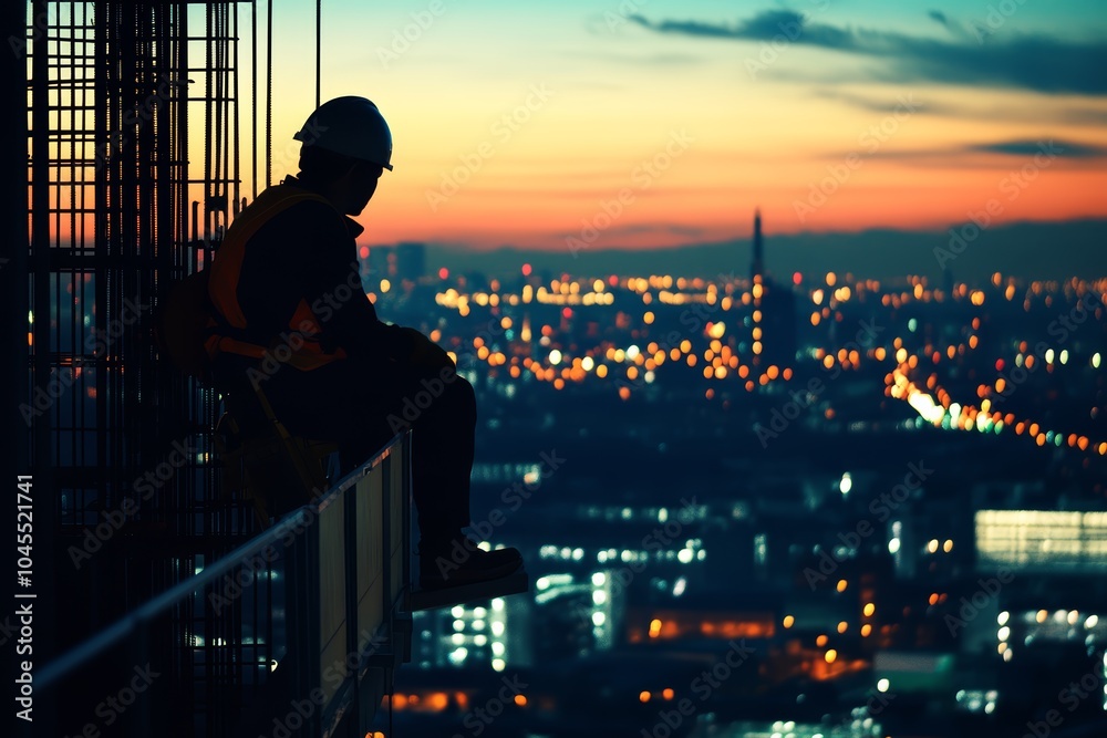 Silhouette of a male construction worker overlooking a city at sunset. Silhouette of a male construction worker overlooking a city at sunset.