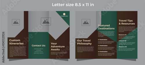 Trifold brochure template for travel compagny in brown and green colors
