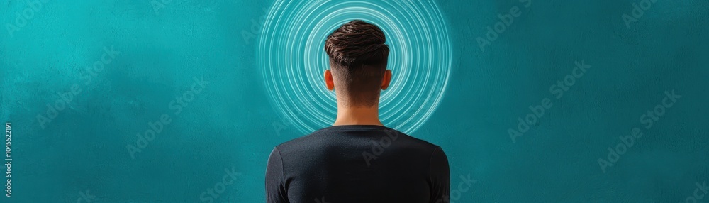 Fototapeta premium A person gazes into a tranquil scene, surrounded by swirling patterns, creating a sense of introspection and mindfulness.