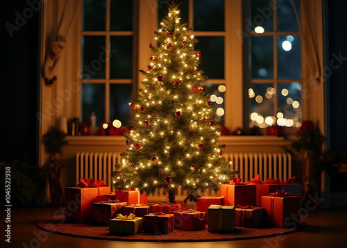 A festive holiday scene features a lit Christmas tree surrounded by gifts and decorations.