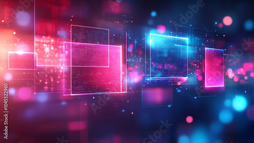 Abstract holographic interface with floating digital elements, translucent screens, and an empty section for copy space.