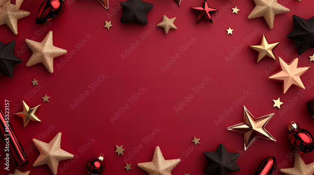 A festive arrangement of black, gold, and red stars and ornaments on a rich red background, perfect for holiday-themed designs and decorations. A festive arrangement of black, gold, and red stars and ornaments on a rich red background, perfect for holiday-themed designs and decorations.