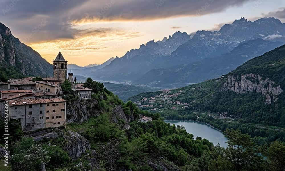 A scenic view of a hillside village by a lake, surrounded by mountains at sunset. A scenic view of a hillside village by a lake, surrounded by mountains at sunset.