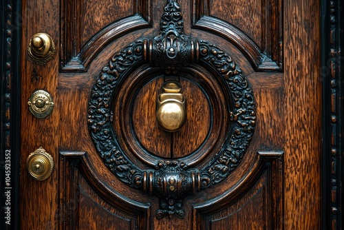 Ornate Brass Door Knocker on a Dark Wooden Door