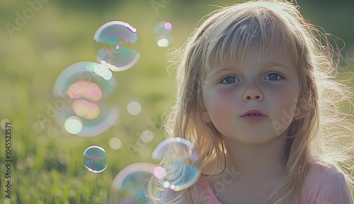 A young girl with blonde hair blowing bubbles in the park on a sunny day.A young girl with blonde hair blowing bubbles in the park on a sunny day.