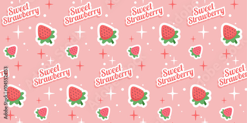 "Sweet strawberry" pattern with cute berries, stars and pink background. Seamless  Print for girl 