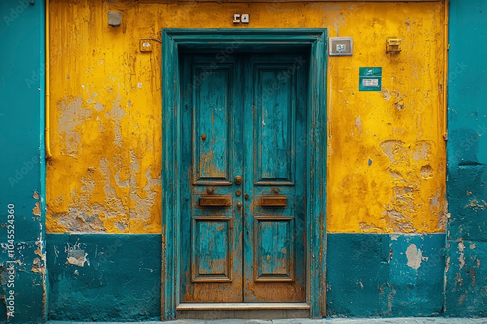 Weathered Blue Door Against Yellow and Teal Walls Weathered Blue Door Against Yellow and Teal Walls