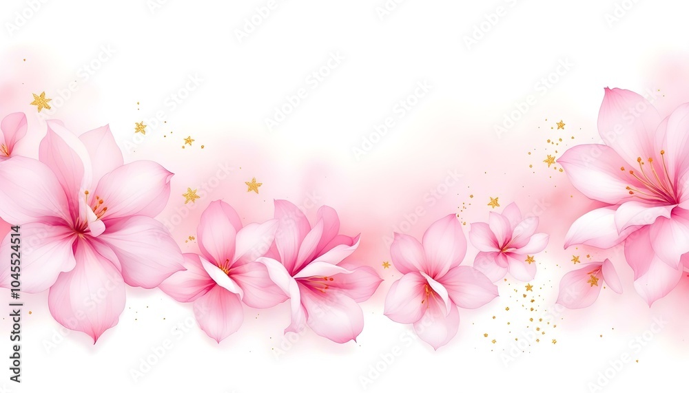 Floral art background with pink flowers in transparent watercolor style with golden line elements. Botanical banner with watercolor paints with transparency effect for design, decoration, poster Floral art background with pink flowers in transparent watercolor style with golden line elements. Botanical banner with watercolor paints with transparency effect for design, decoration, poster