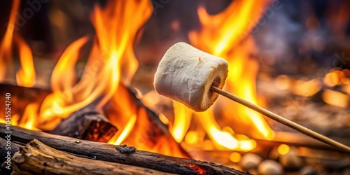 A single marshmallow roasting on a stick over a campfire, with the flames dancing in the background.