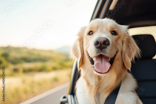 A cheerful dog looks out from a car window, its tongue out and ears flapping, excited by the outdoor adventure. photo