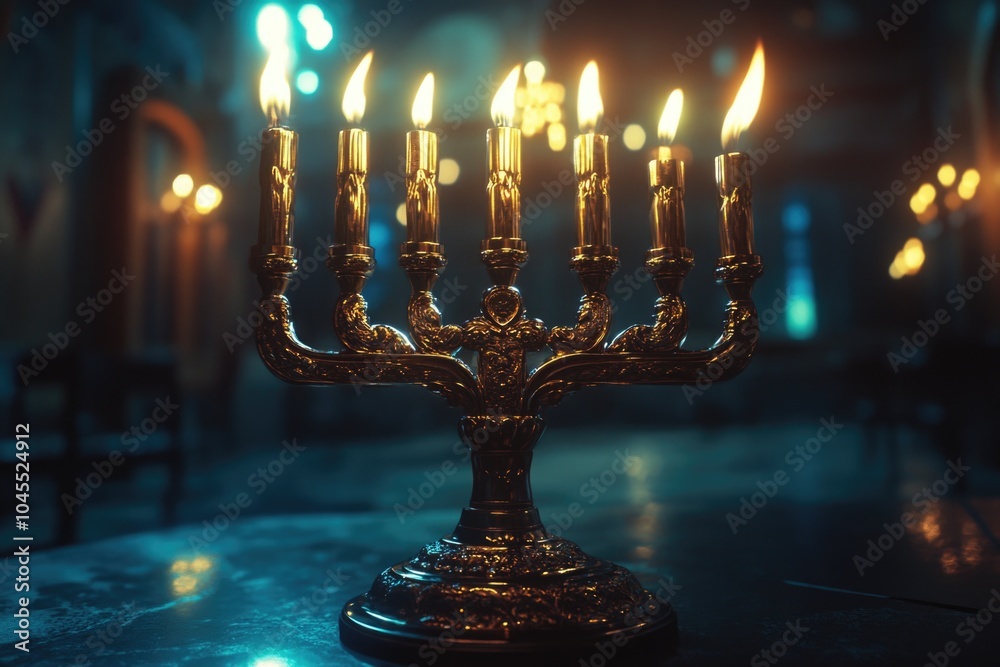 A beautifully crafted golden menorah with lit candles on a table, perfect for Hanukkah or Jewish holiday celebrations A beautifully crafted golden menorah with lit candles on a table, perfect for Hanukkah or Jewish holiday celebrations