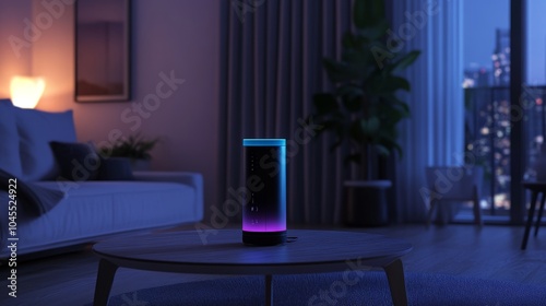 Home intelligent voice activated assistant A 3D rendering of a hightech artificial intelligence device with speech recognition for smart home control photo