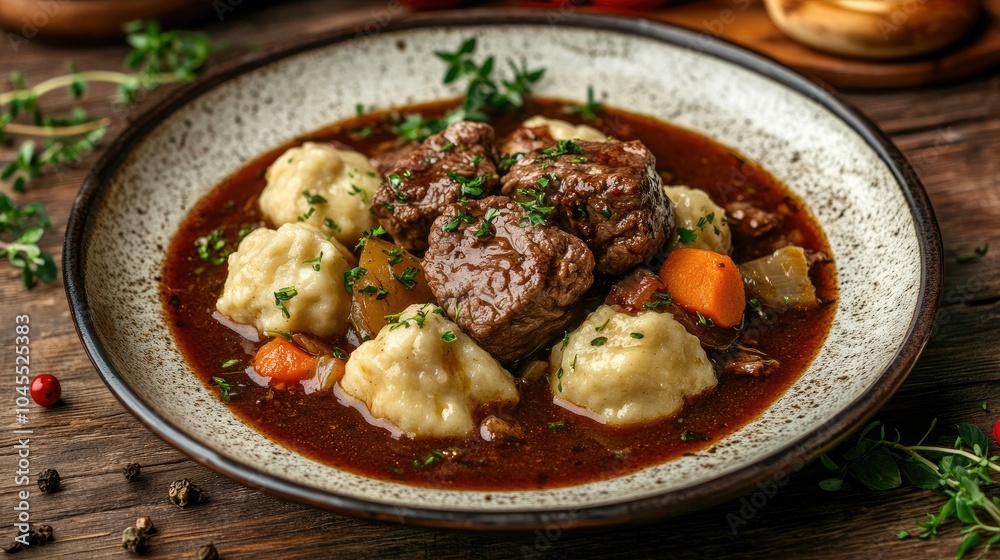 Hearty Beef Stew with Dumplings and Fresh Herbs