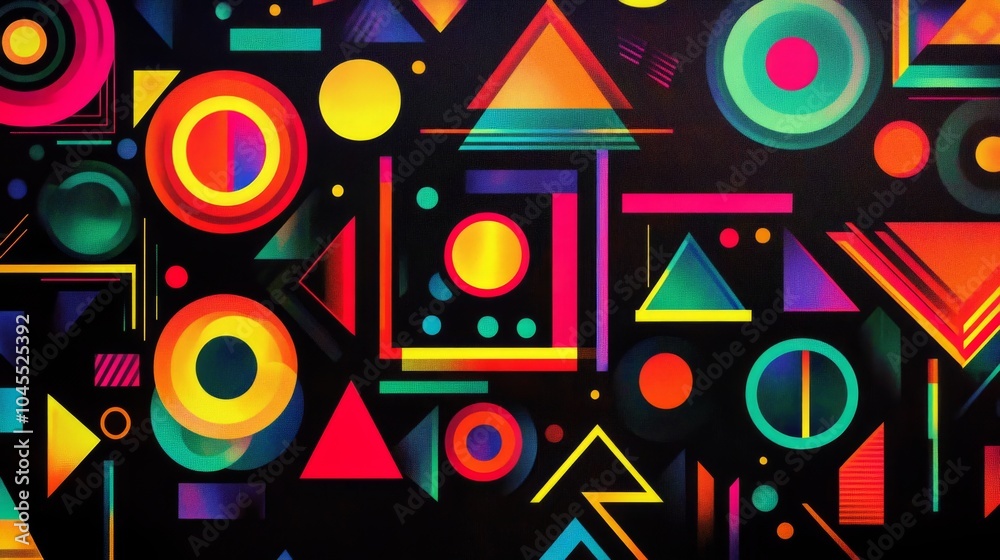 Neon color geometric shapes square triangle circle abstract background