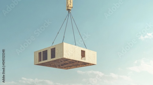 Modular Wooden Building Module Lifted by Crane at Construction Site photo