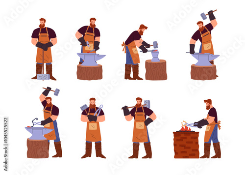 Blacksmiths are depicted in different poses with various equipment in a flat style.