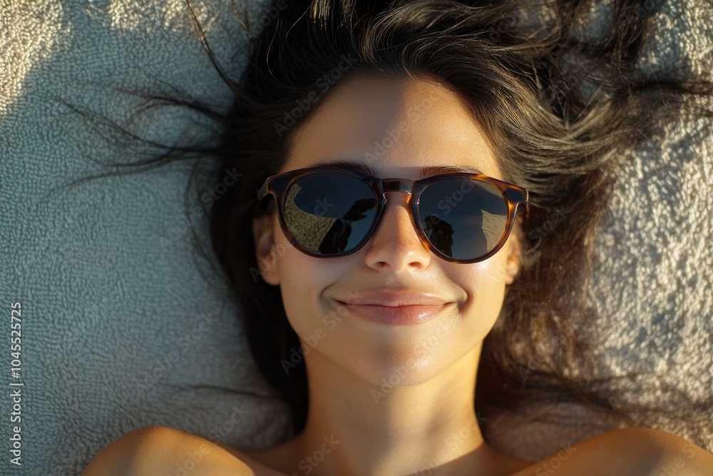 A woman relaxing on a beach towel with sunglasses A woman relaxing on a beach towel with sunglasses