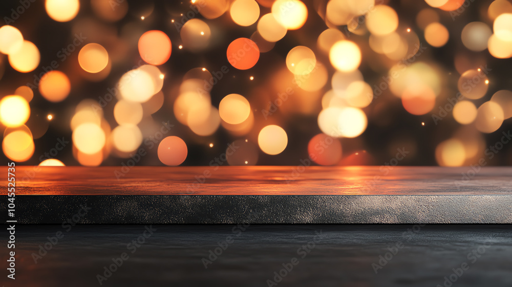 Beautiful bokeh background with warm golden lights and a rustic wooden table surface, perfect for showcasing products or creating a cozy atmosphere. Beautiful bokeh background with warm golden lights and a rustic wooden table surface, perfect for showcasing products or creating a cozy atmosphere.