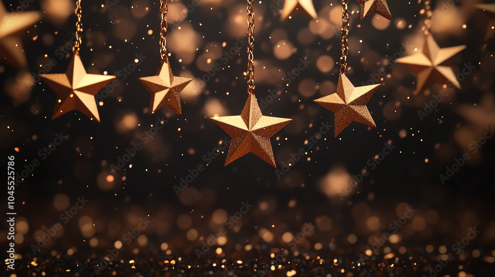 Beautiful golden stars hanging with sparkling bokeh effect, creating a magical atmosphere perfect for celebrations and festive occasions. Beautiful golden stars hanging with sparkling bokeh effect, creating a magical atmosphere perfect for celebrations and festive occasions.