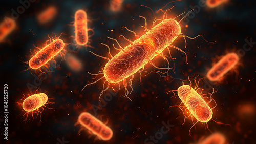 Red visualization of E. coli Escherichia coli bacteria under scientific lens
 photo