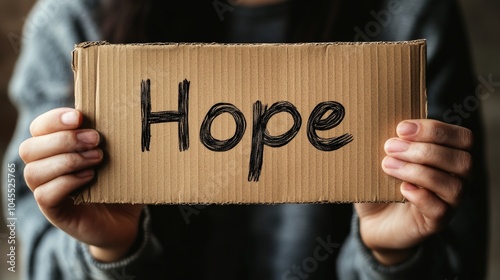 Pair of hands holding a cardboard sign with the word Hope written on it, symbolizing positivity and encouragement photo