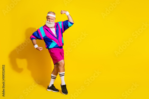 Slika na platnu Full length photo of sportive cool modern pensioner dressed vintage jacket showi