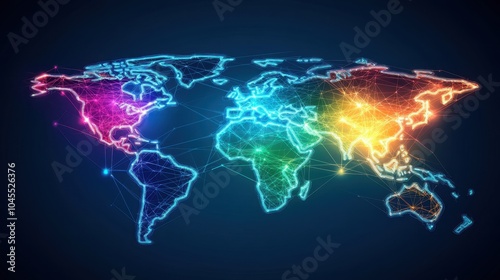 A global map with bright neon lines linking various cities, representing international business and commerce routes