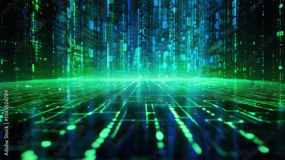 Abstract digital landscape with green and blue data streams.