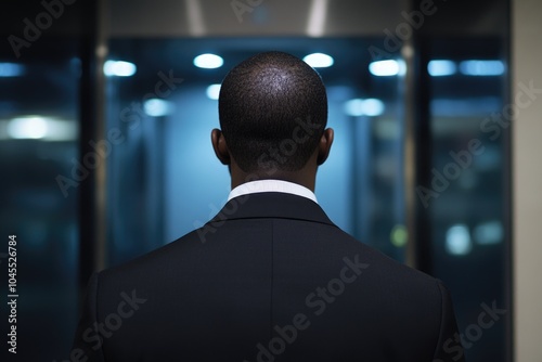 A businessman stands in an elevator, dressed in a suit