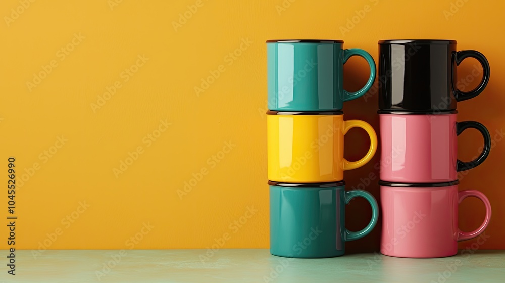 A stack of colorful mugs against a vibrant yellow background, showcasing playful design and modern aesthetics. A stack of colorful mugs against a vibrant yellow background, showcasing playful design and modern aesthetics.