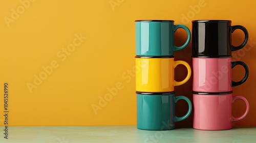 Wallpaper Mural A stack of colorful mugs against a vibrant yellow background, showcasing playful design and modern aesthetics. Torontodigital.ca