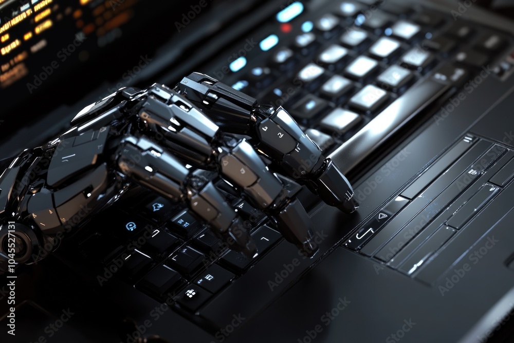 A robotic hand rests on a laptop keyboard A robotic hand rests on a laptop keyboard