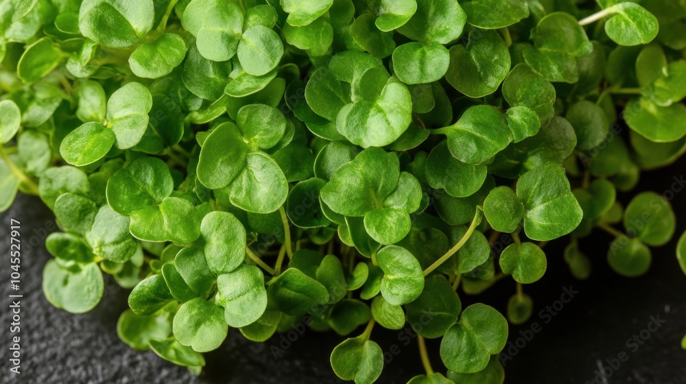 Vibrant green microgreens growing on a rustic black surface, showcasing freshness and vitality in an indoor garden setting Vibrant green microgreens growing on a rustic black surface, showcasing freshness and vitality in an indoor garden setting