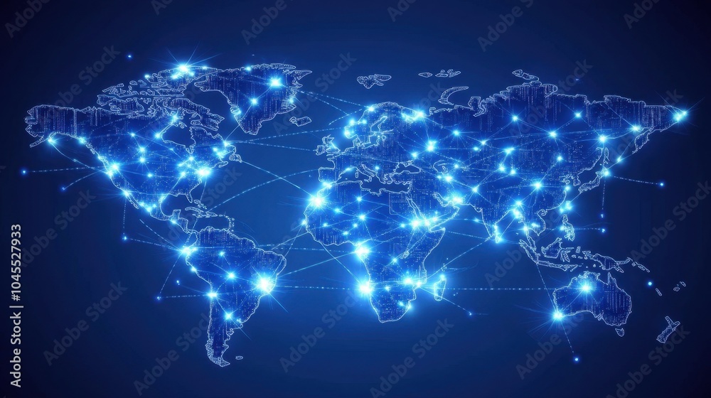 A high-tech world map with glowing blue lines linking various countries, symbolizing interconnected global commerce. A high-tech world map with glowing blue lines linking various countries, symbolizing interconnected global commerce.