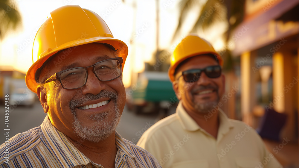 Happy Latino construction workers finishing their day at work Happy Latino construction workers finishing their day at work