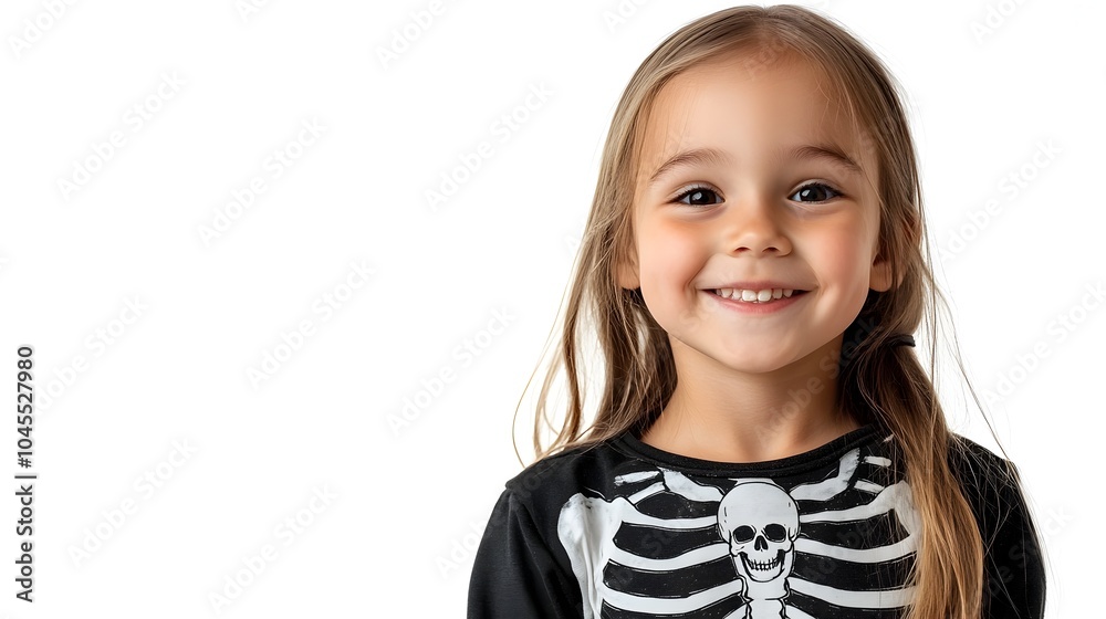 Smiling Young Girl Wearing Skeleton Halloween Costume on White Background Smiling Young Girl Wearing Skeleton Halloween Costume on White Background
