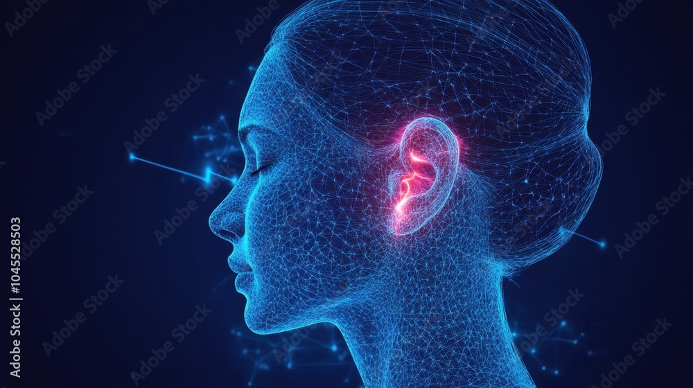 A digital representation of a woman\'s head showcasing intricate neural connections and glowing ear structures against a dark backdrop A digital representation of a woman\'s head showcasing intricate neural connections and glowing ear structures against a dark backdrop