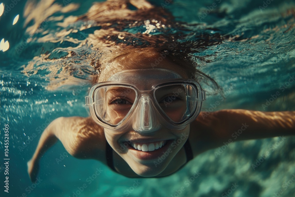 Naklejka premium A woman swims in a pool wearing goggles