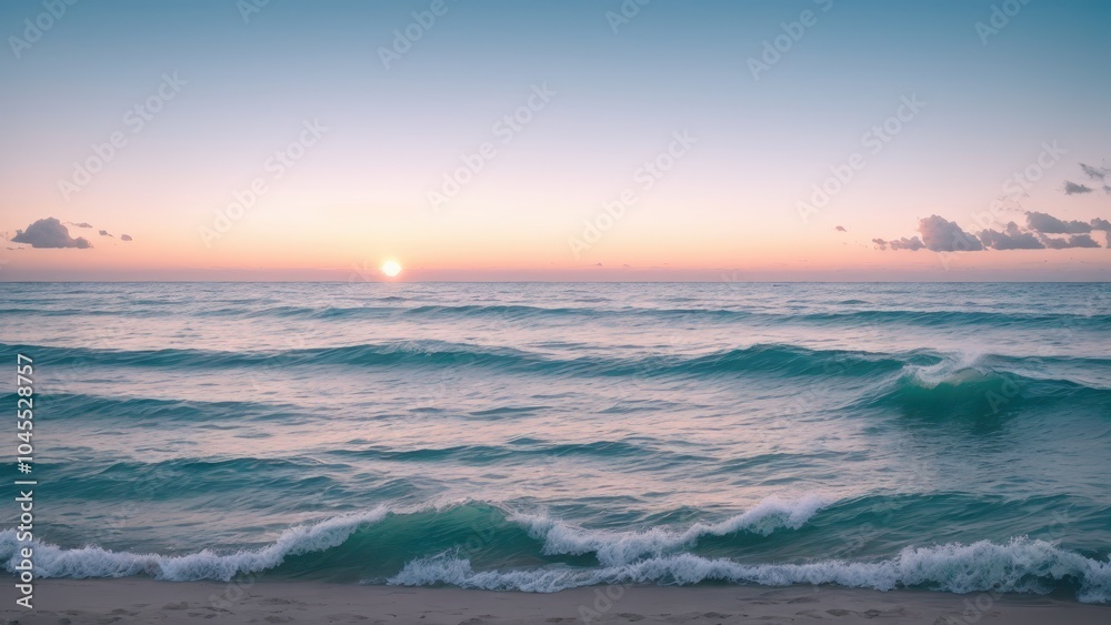 Beautiful pastel sunset over a calm ocean, with soft waves washing onto the beach. Ideal for tranquil beach scenes and relaxing nature visuals