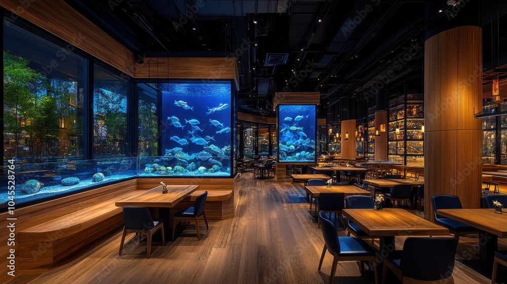 A serene dining experience in a modern restaurant with stunning aquariums showcasing vibrant aquatic life in the evening A serene dining experience in a modern restaurant with stunning aquariums showcasing vibrant aquatic life in the evening