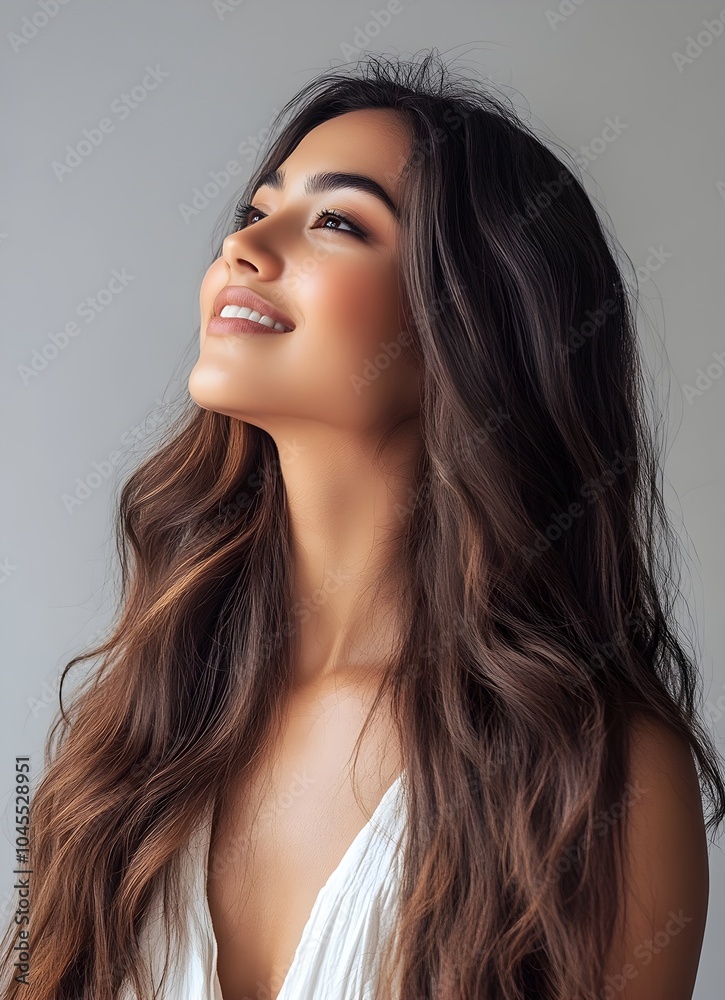 Beautiful Indian Woman with Long Wavy Hair in White Dress Smiling Confidently on Light Gray Background Beautiful Indian Woman with Long Wavy Hair in White Dress Smiling Confidently on Light Gray Background