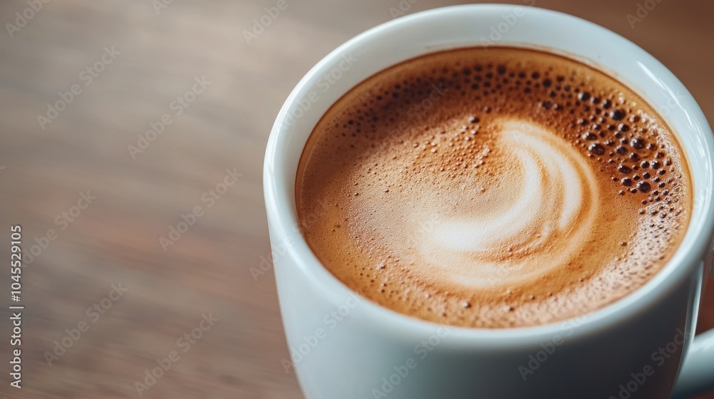 A close-up of a frothy cup of coffee with a smooth latte art design atop, set against a wooden surface. A close-up of a frothy cup of coffee with a smooth latte art design atop, set against a wooden surface.